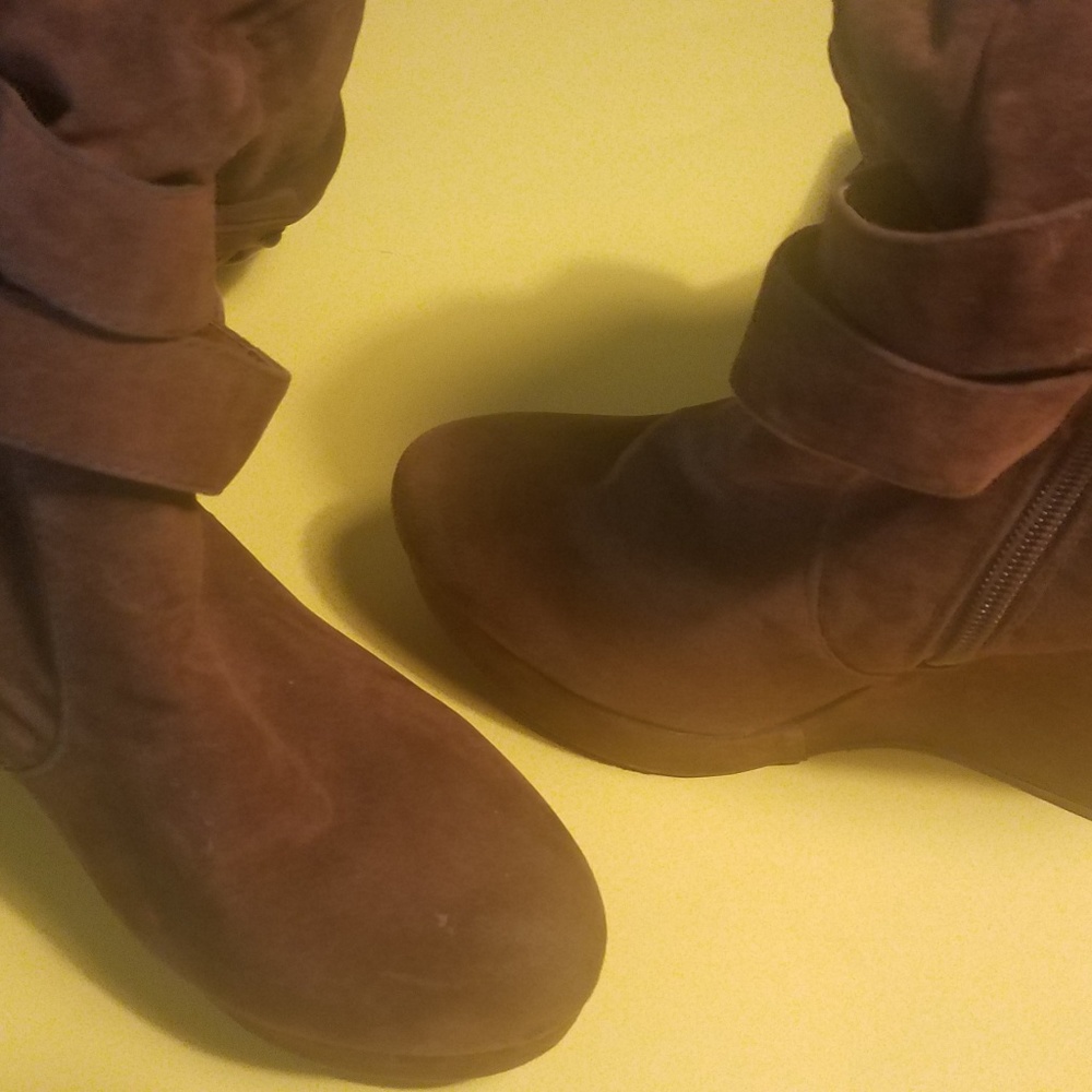 Brown wedge boots to knee